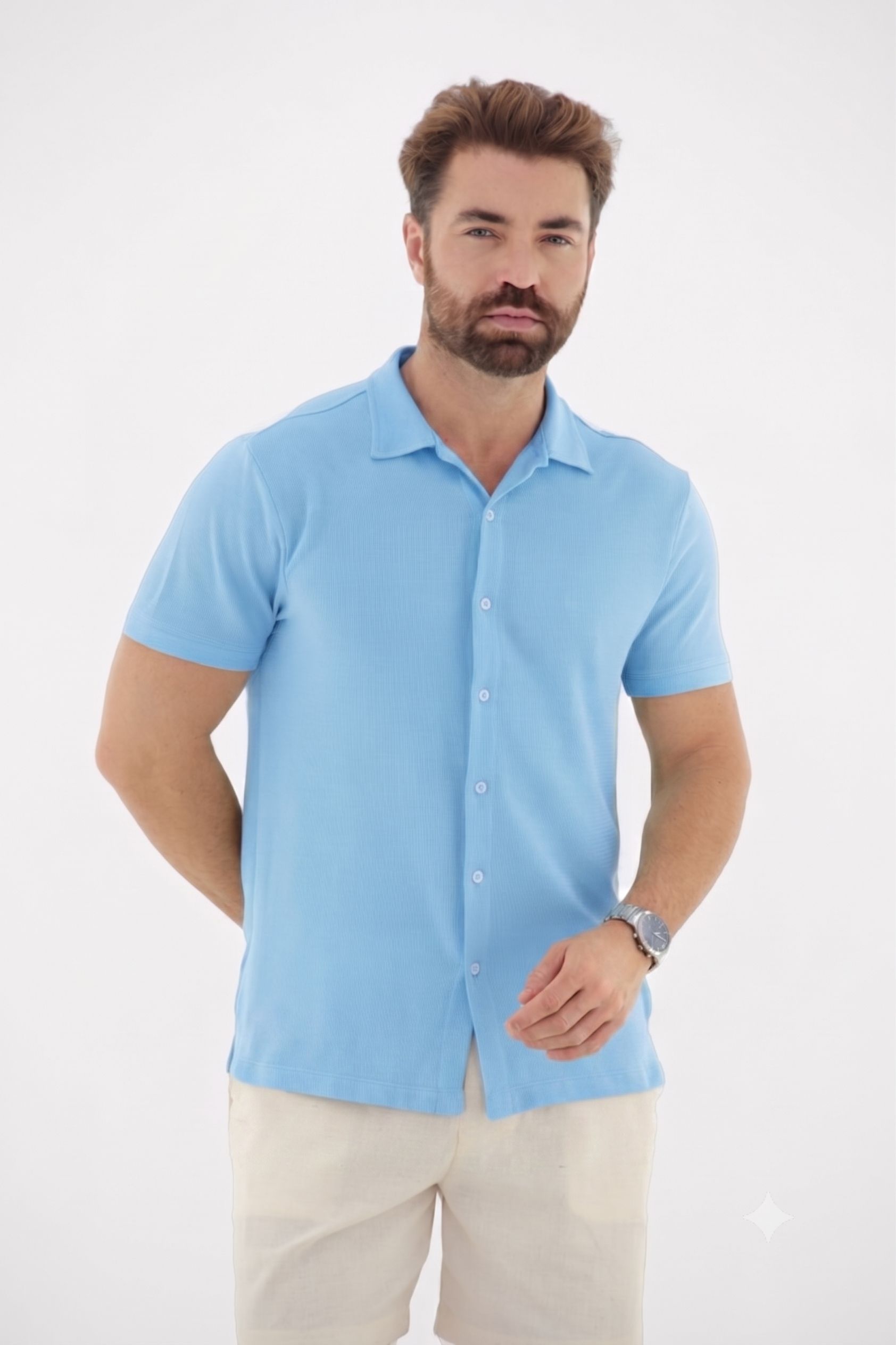 Vista lateral 2 do produto Camisa Masculina Texturizada Aberta com Botões Linha Premium