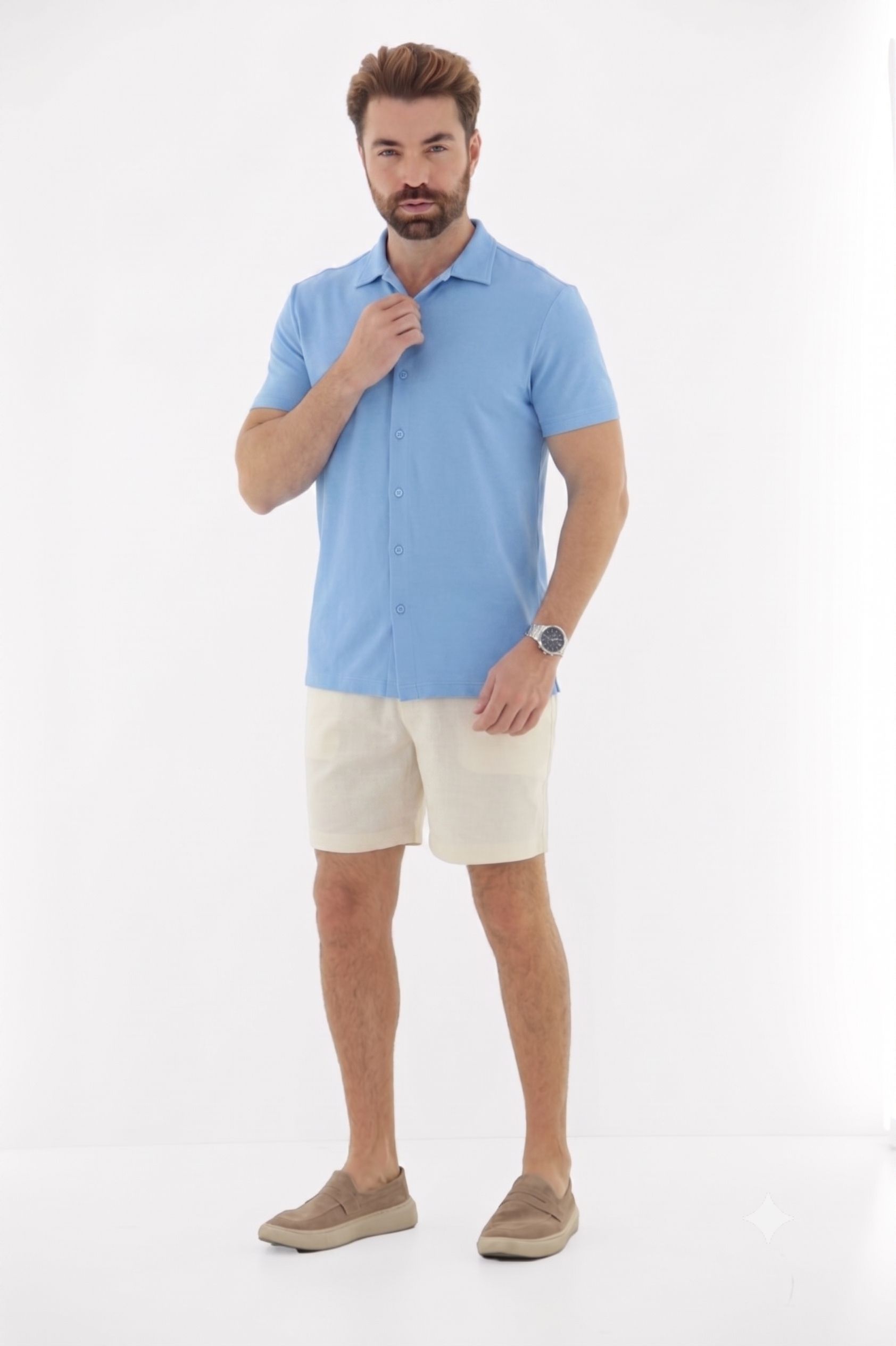 Vista lateral 1 do produto Camisa Masculina Texturizada Aberta com Botões Linha Premium
