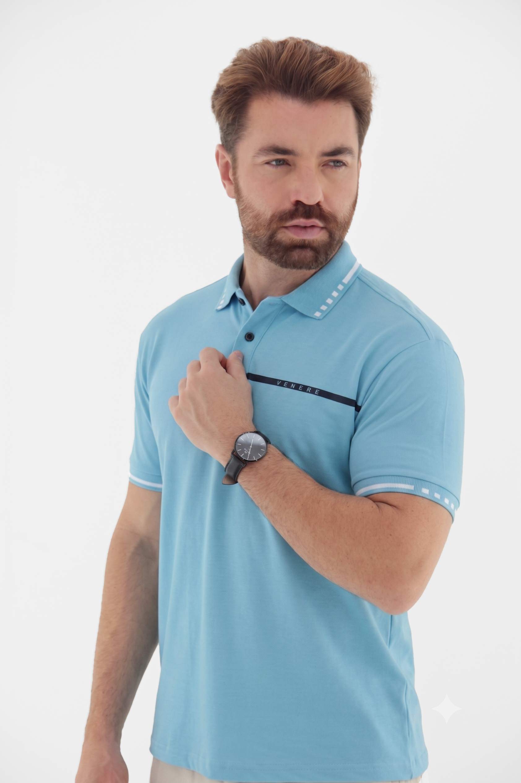 Vista lateral 3 do produto Camisa Polo com Peitilho Sobreposto Destaque VENERE em Algodão Touch Pima Premium
