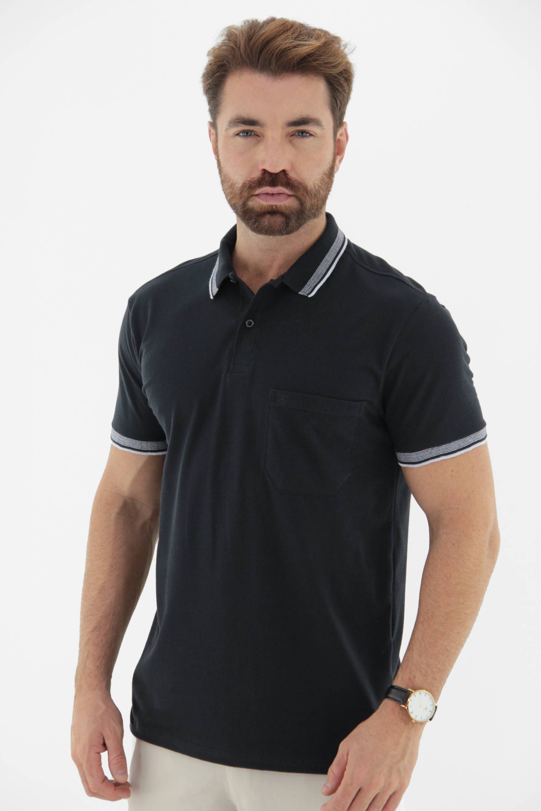 Fotografia de Camisa Polo Masculina com Bolso Retilínea com Fio Tinto Linha Blend