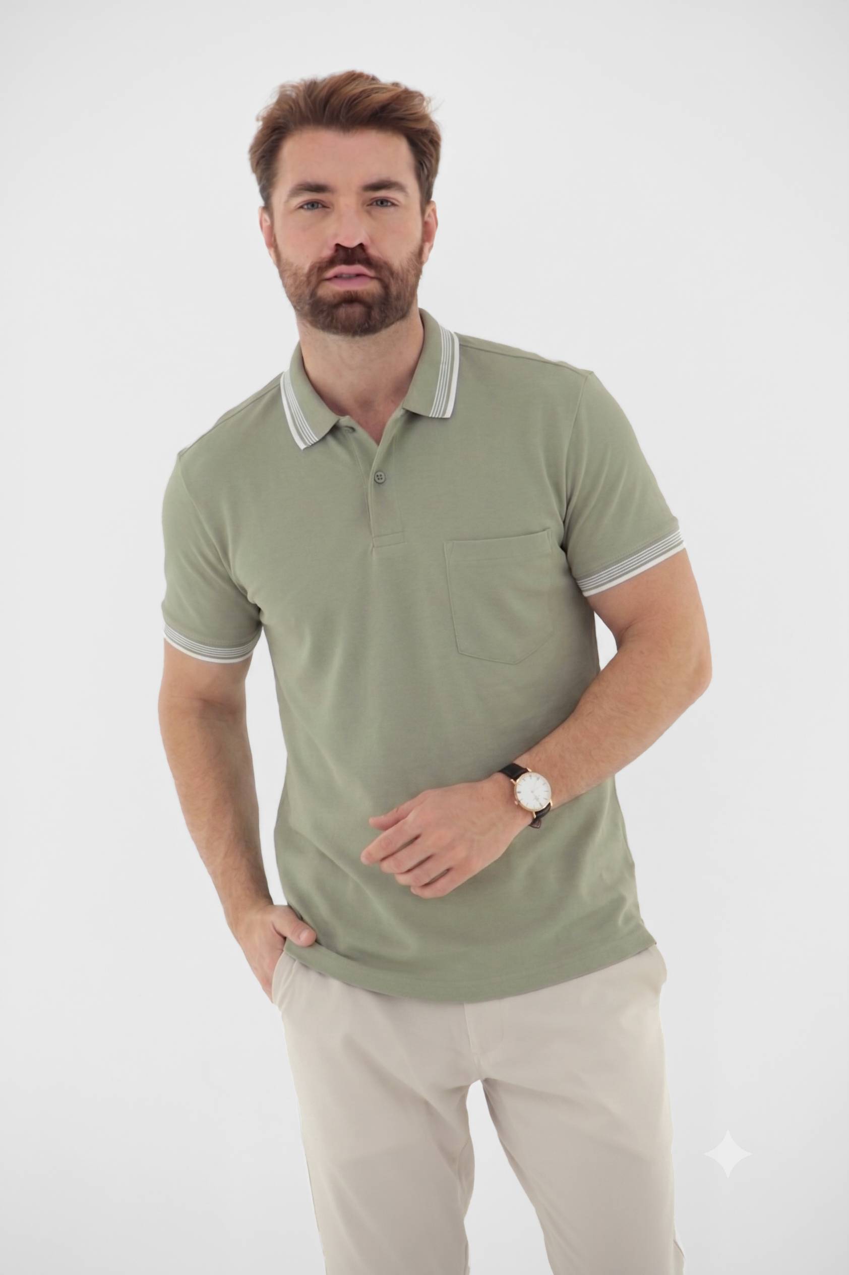 Vista alternativa de Camisa Polo Masculina com Bolso Retilínea com Fio Tinto Linha Blend