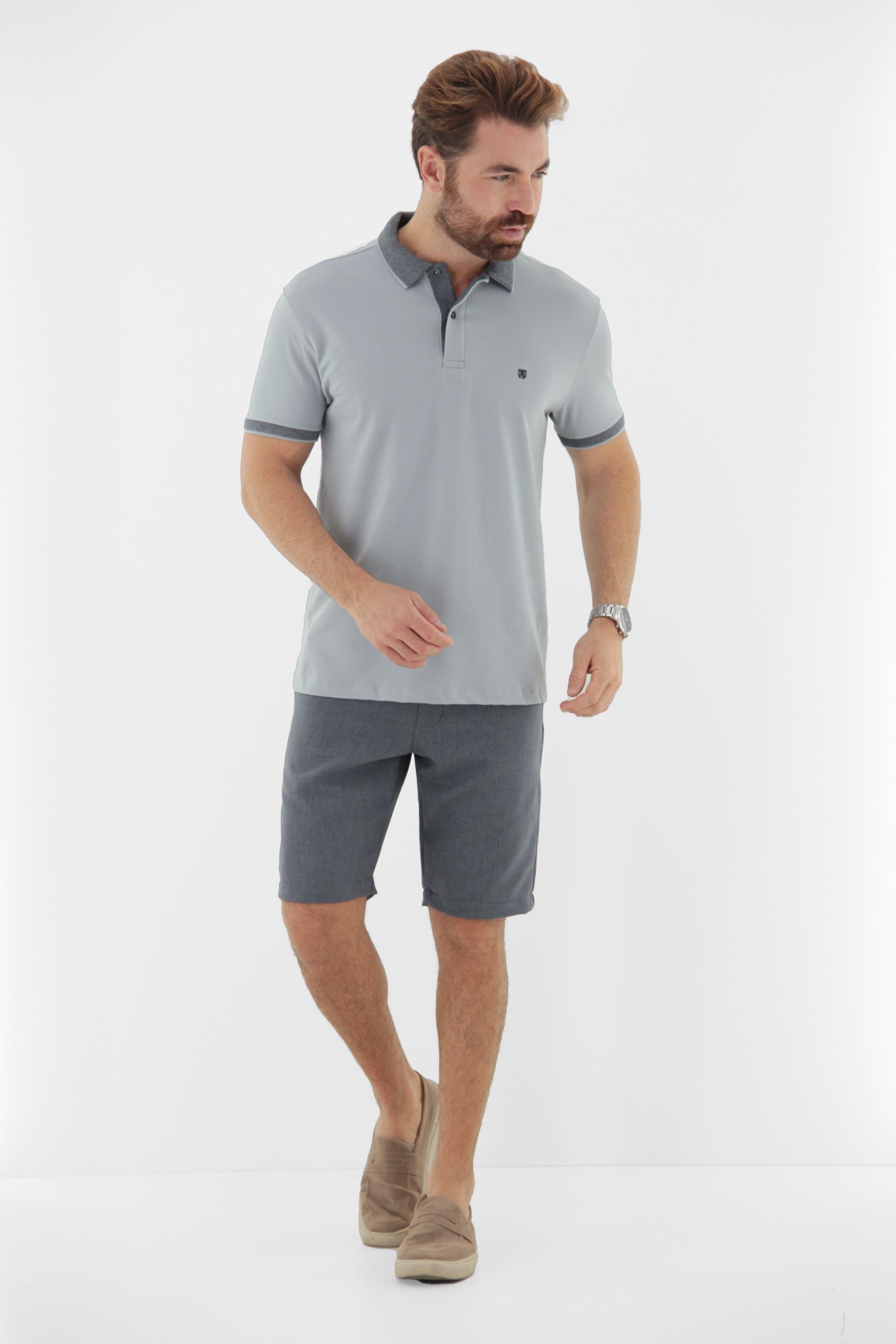 Vista lateral 3 do produto Camisa Polo Masculina com Gola Trabalhada em Jacquard