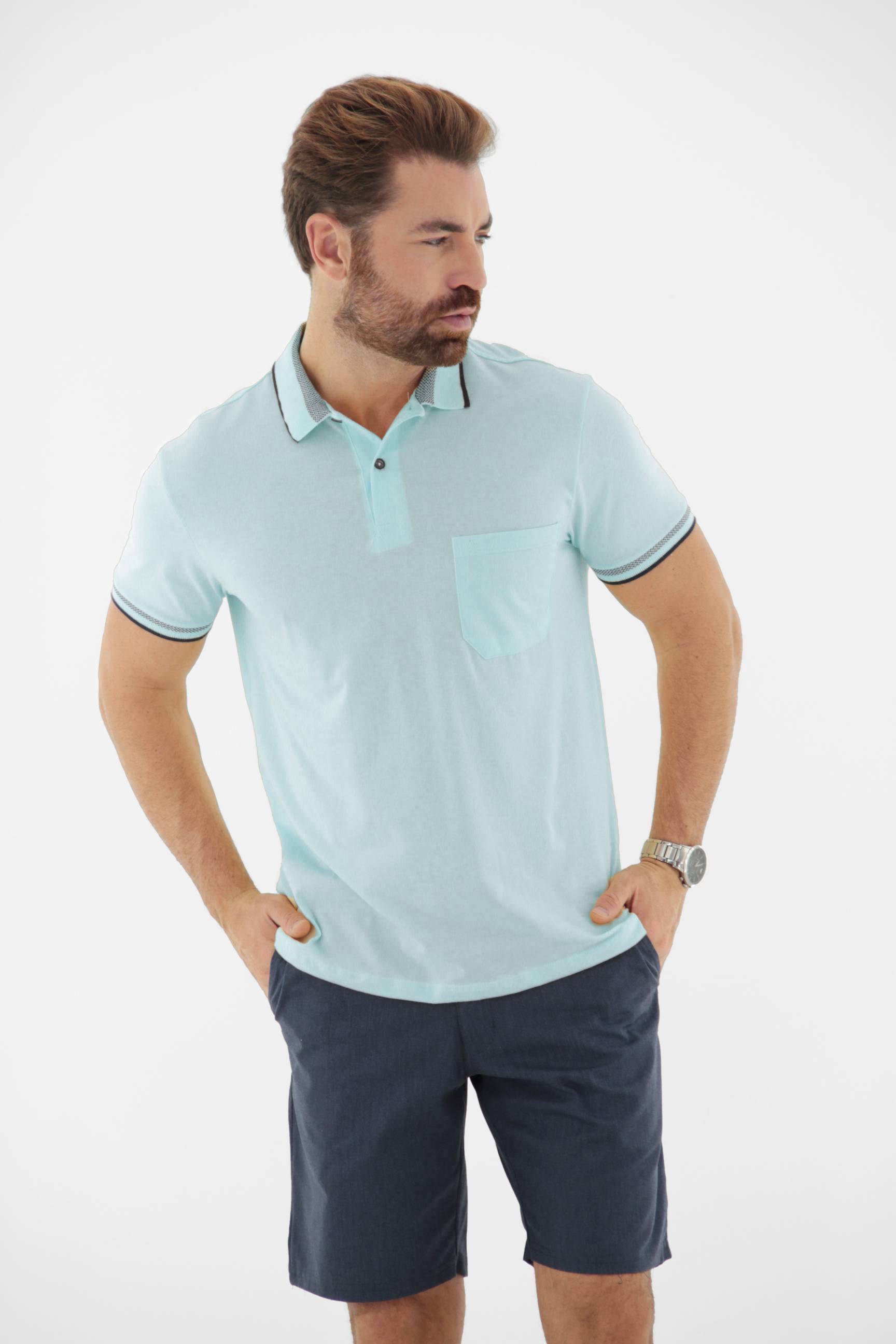 Vista lateral 3 do produto Camisa Polo Masculina com Bolso e Retilínea com Fio Tinto Linha Blend