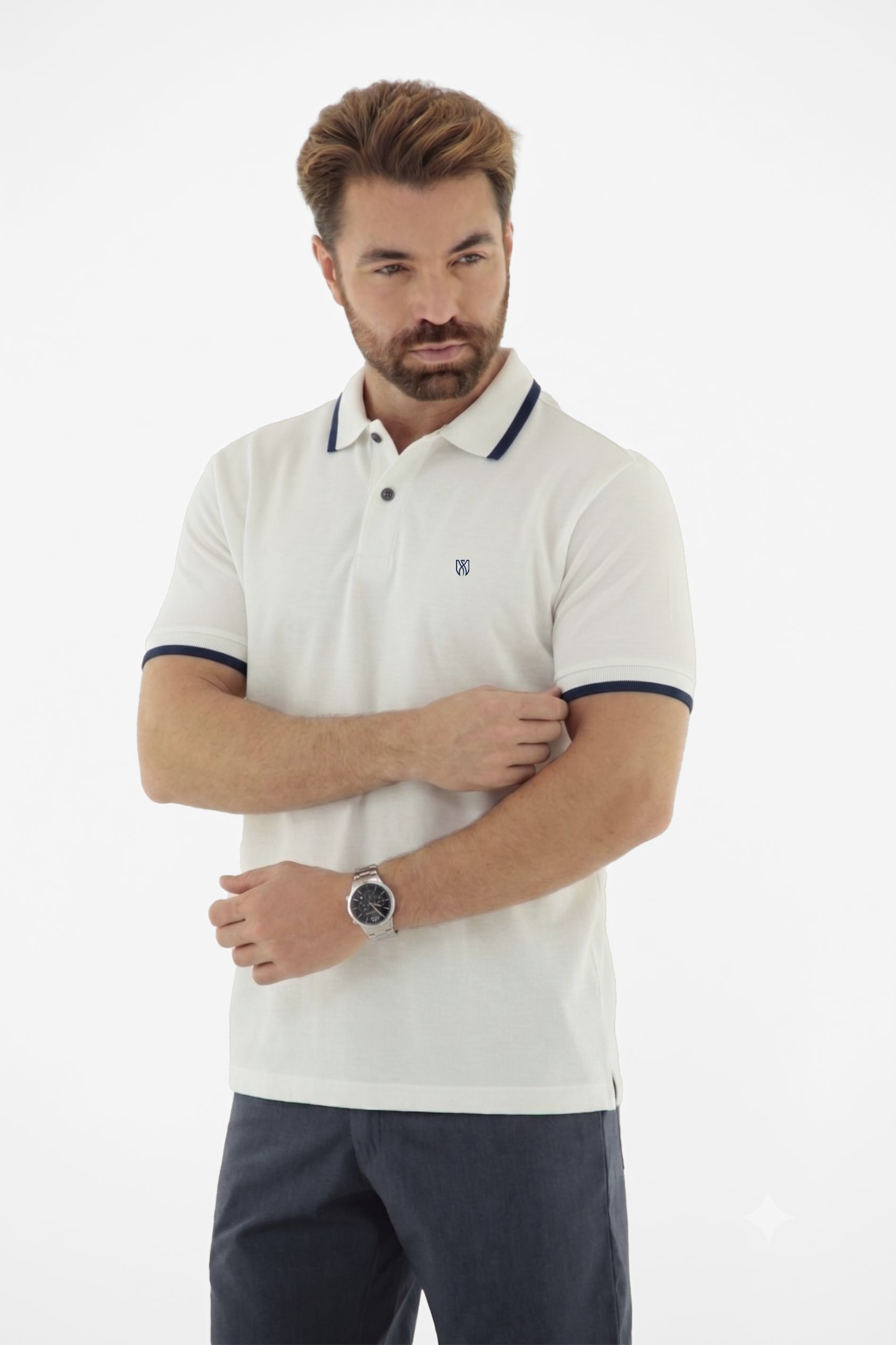 Vista alternativa de Camisa Polo Masculina com Detalhe VENERE no Peitilho e Gola e Manga em Fio tinto em Retilínea Premium