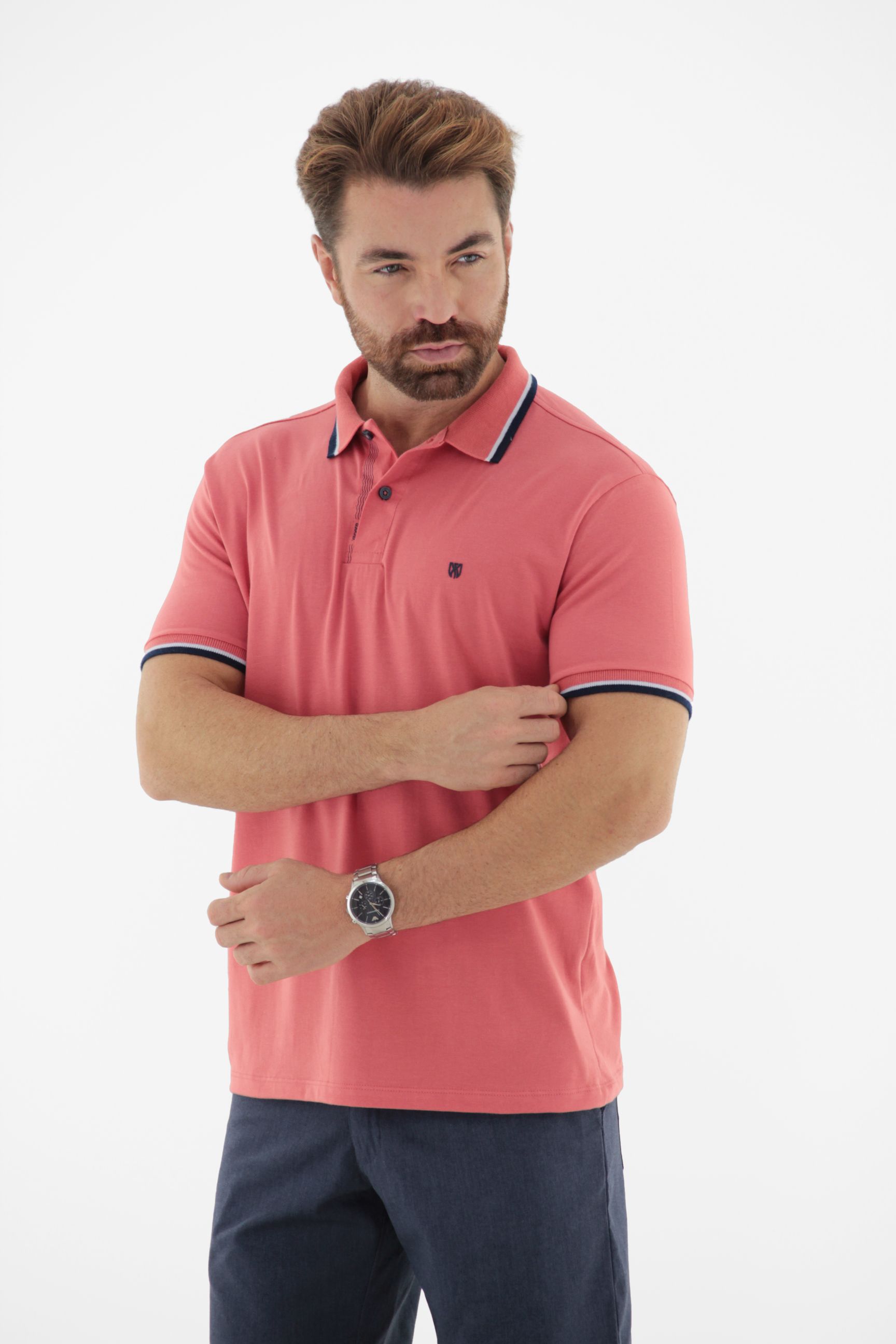 Fotografia de Camisa Polo Masculina com Detalhe VENERE no Peitilho e Gola e Manga em Fio tinto em Retilínea Premium