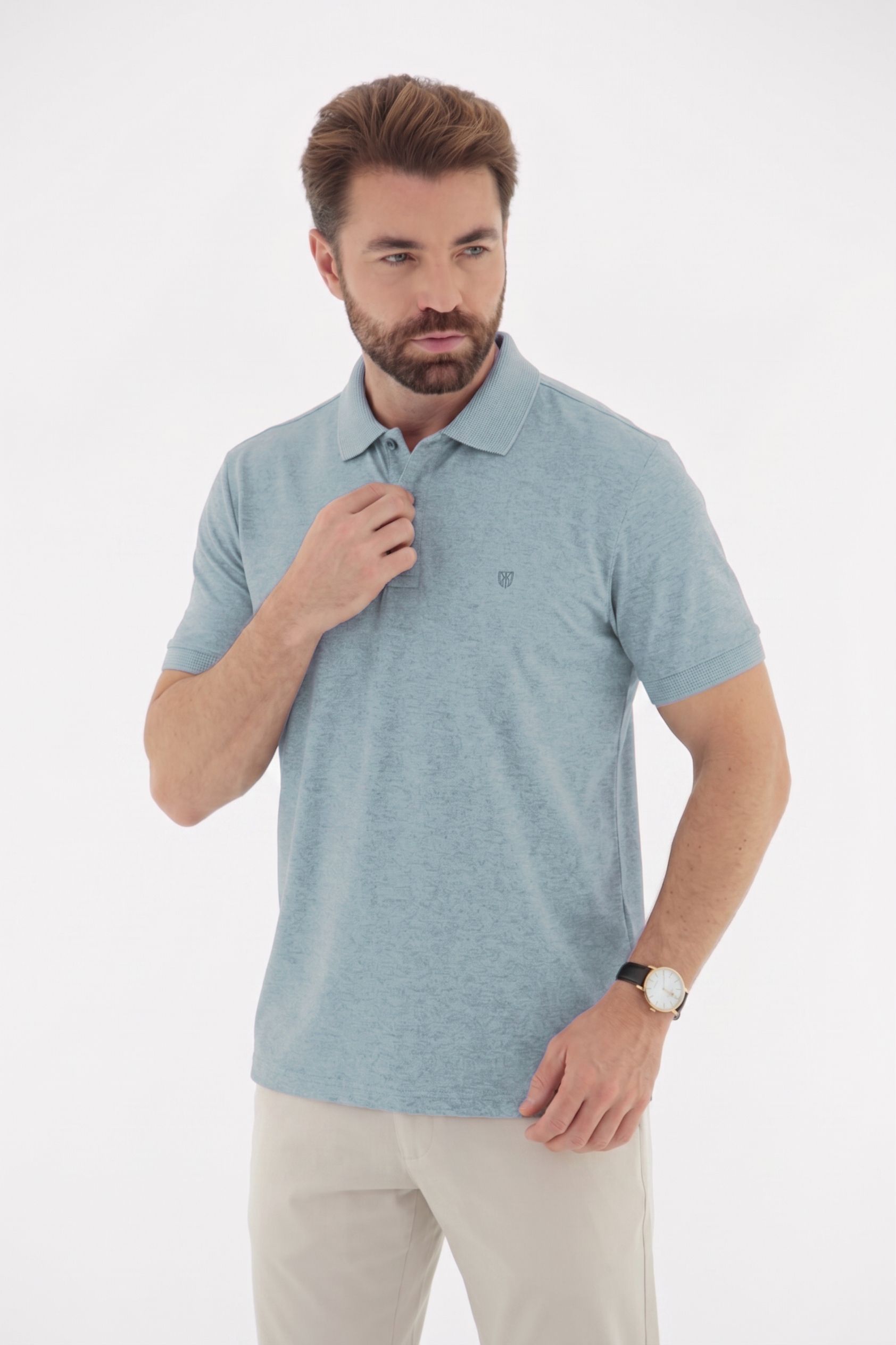Fotografia de Camisa Polo Masculina em Tecido Texturizado Linha Blend