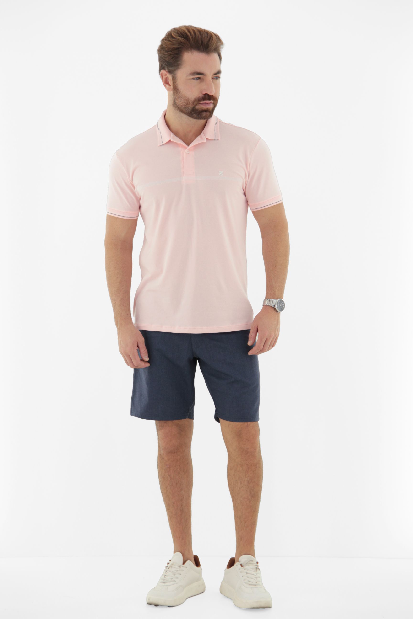 Vista alternativa de Camisa Polo Masculina com Detlhes na Gola e Punho Linha Blend