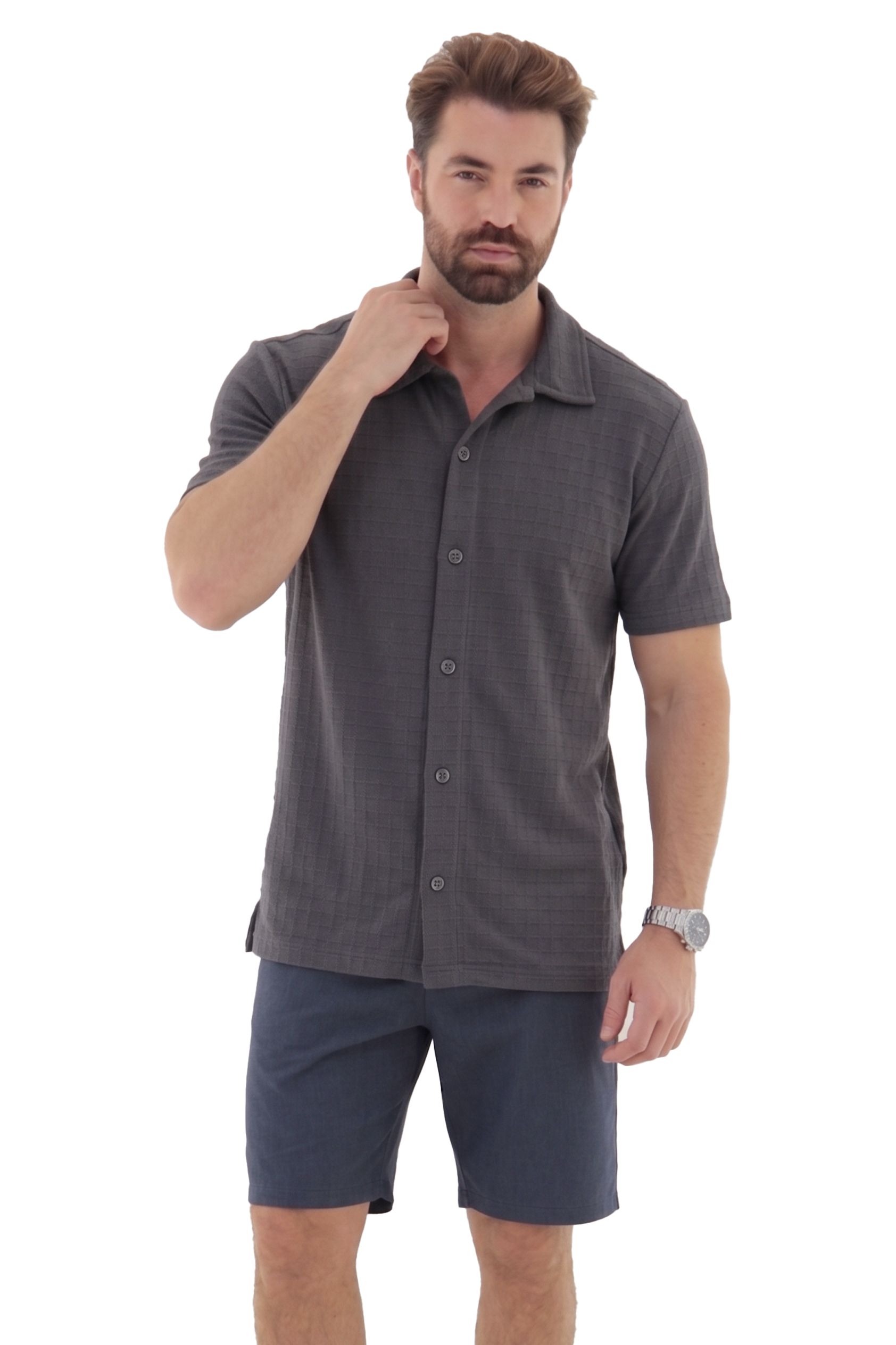 Vista alternativa de Camisa Masculina Texturizada Aberta com Botões