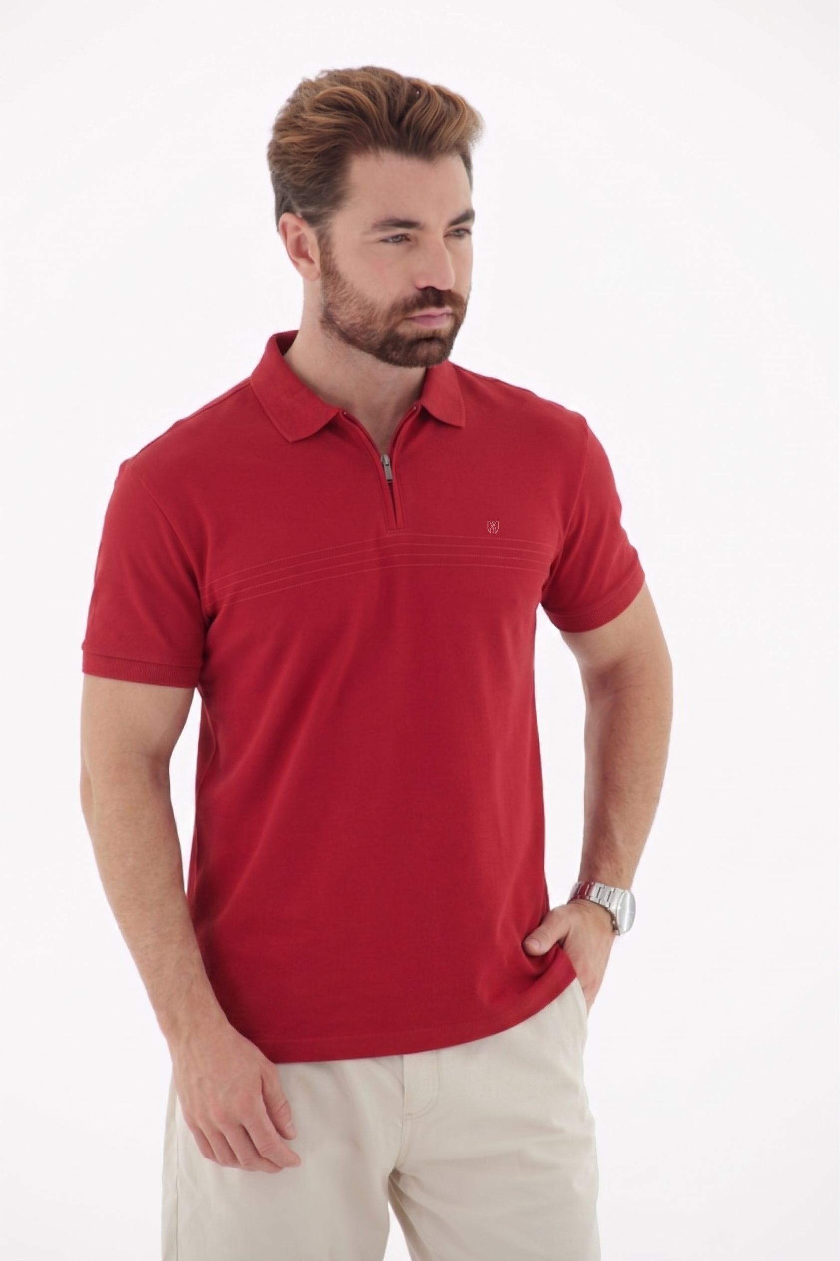 Vista lateral 3 do produto Camisa Polo Masculina com Ziper no Peitilho Linha Blend