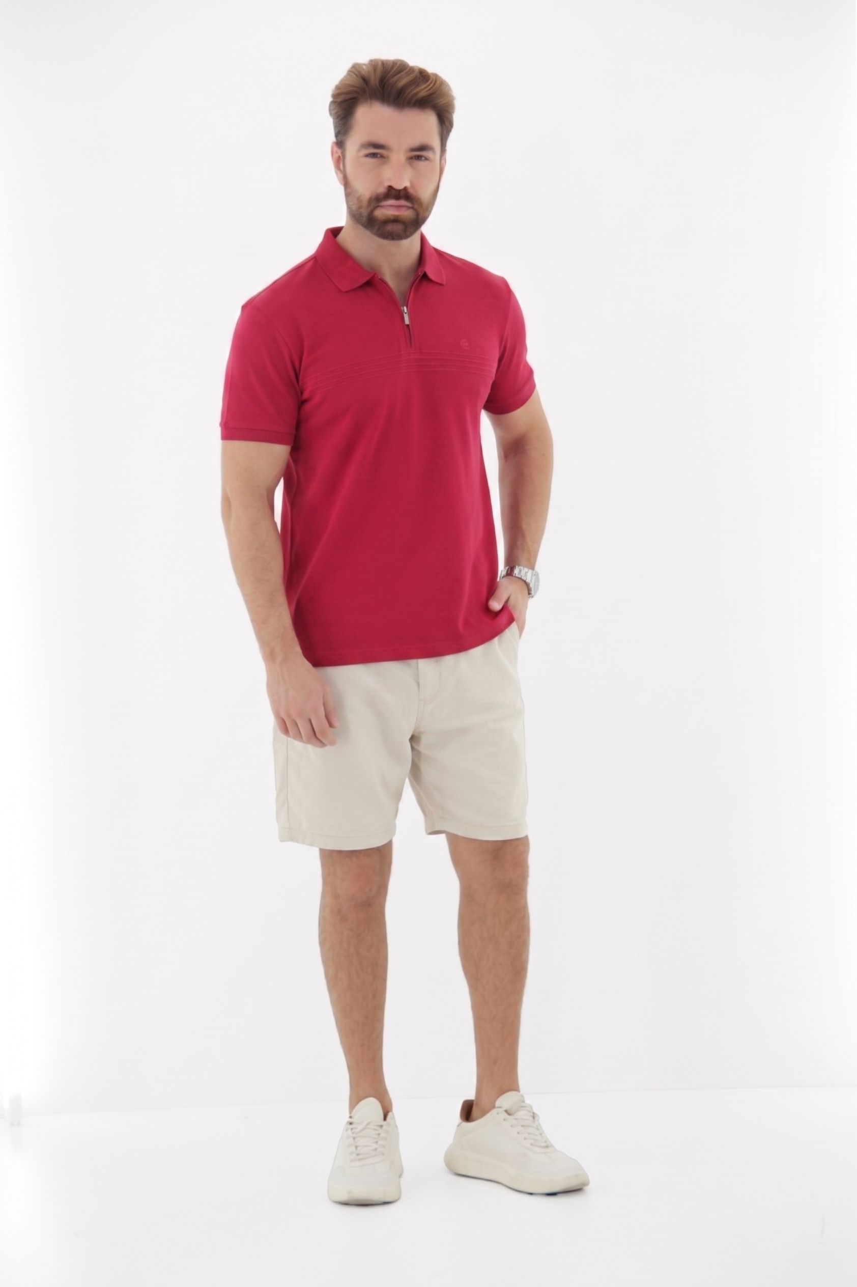 Vista lateral 4 do produto Camisa Polo Masculina com Ziper no Peitilho Linha Blend