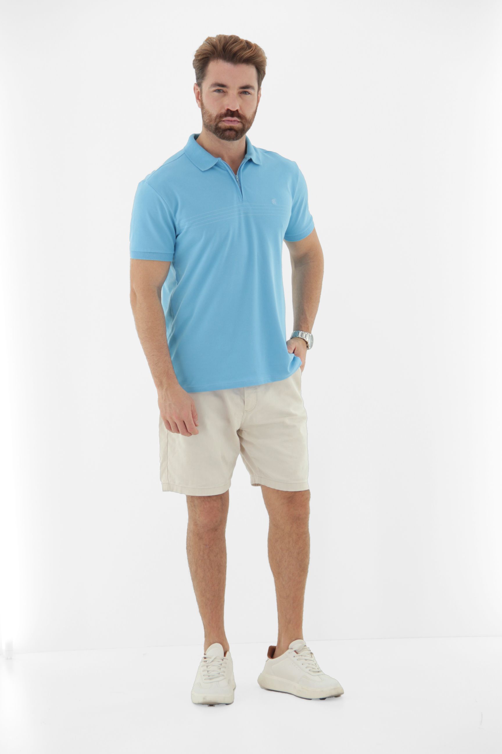 Vista alternativa de Camisa Polo Masculina com Ziper no Peitilho Linha Blend