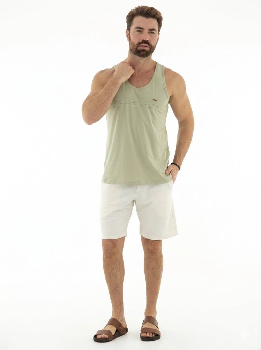 Vista lateral 3 do produto Camiseta Regata Masculina 100% Algodão com Listras Frontais