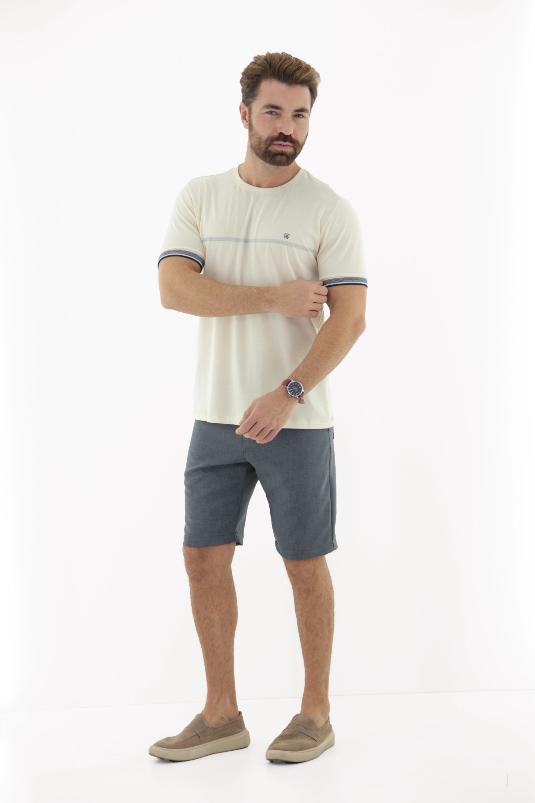 Vista lateral 3 do produto Camiseta T-Shirt Masculina em Elastano Retilínea no Punho Fio tinto