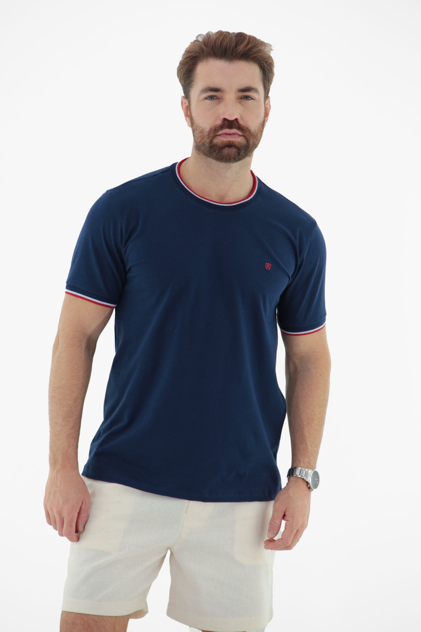 Fotografia de Camiseta T-Shirt Masculina em Retilínea Fio tinto na Gola e Punho Linha Blend