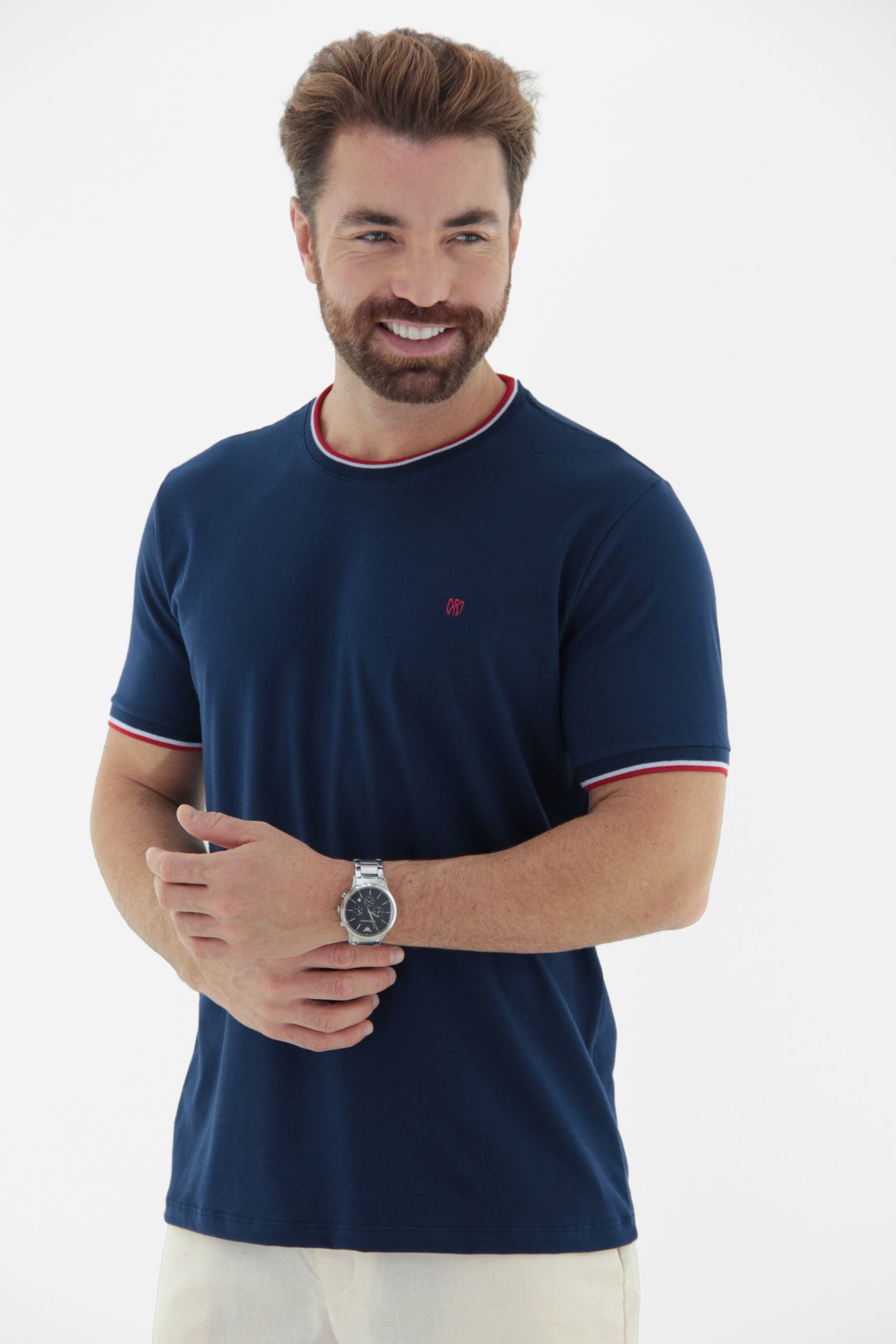 Vista alternativa de Camiseta T-Shirt Masculina em Retilínea Fio tinto na Gola e Punho Linha Blend