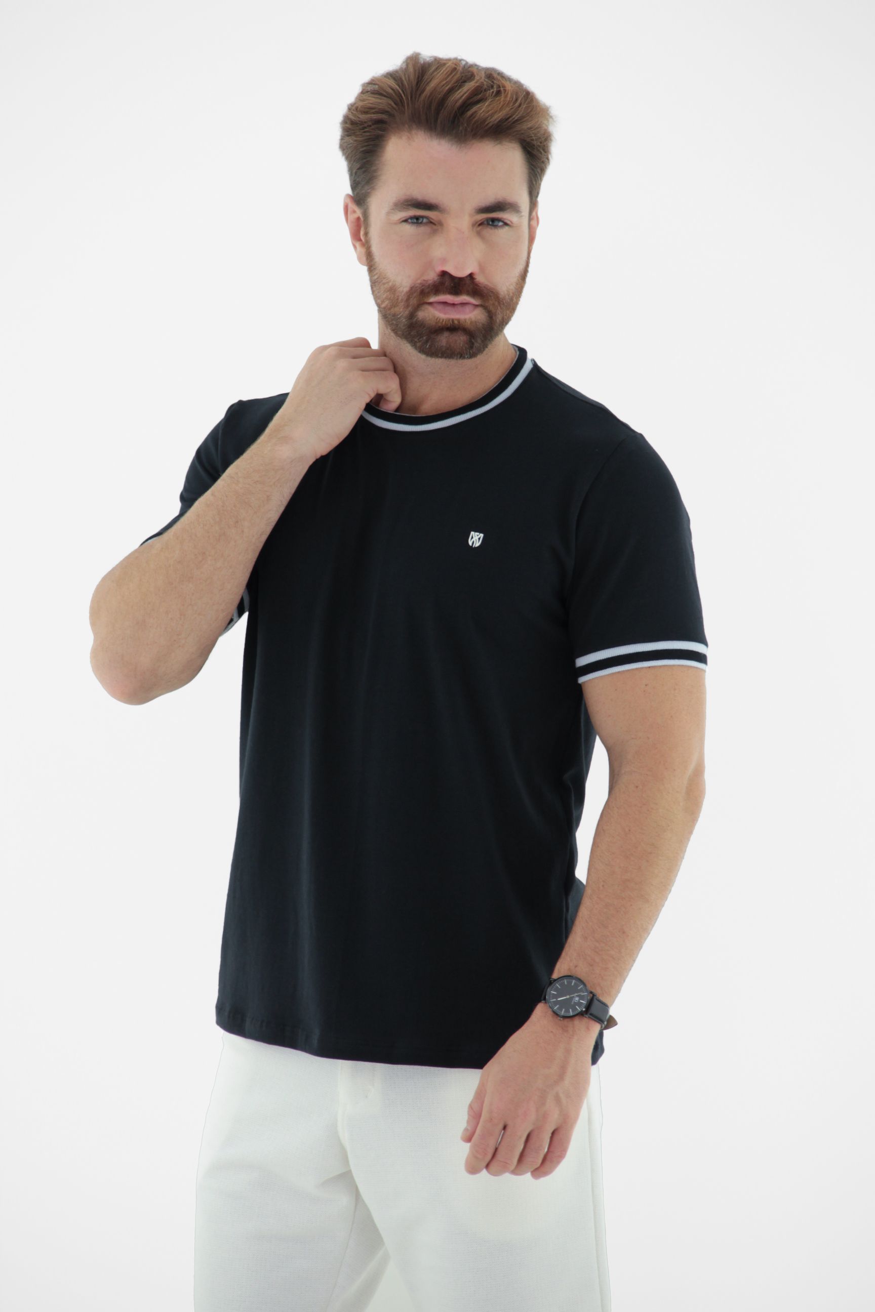Fotografia de Camiseta T-Shirt Masculina com Gola e Punho em Fio Tinto linha Blend