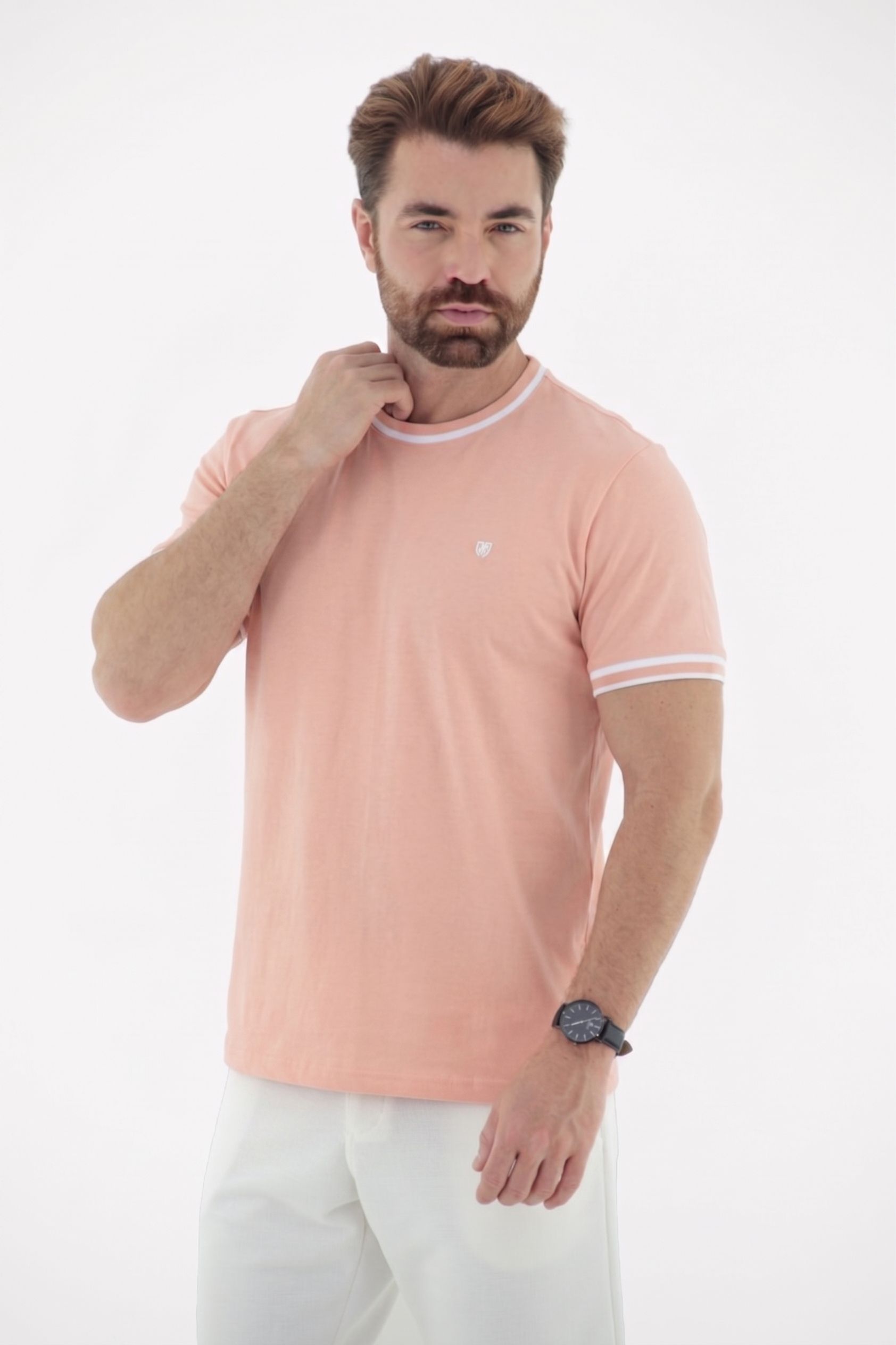 Vista lateral 3 do produto Camiseta T-Shirt Masculina com Gola e Punho em Fio Tinto linha Blend