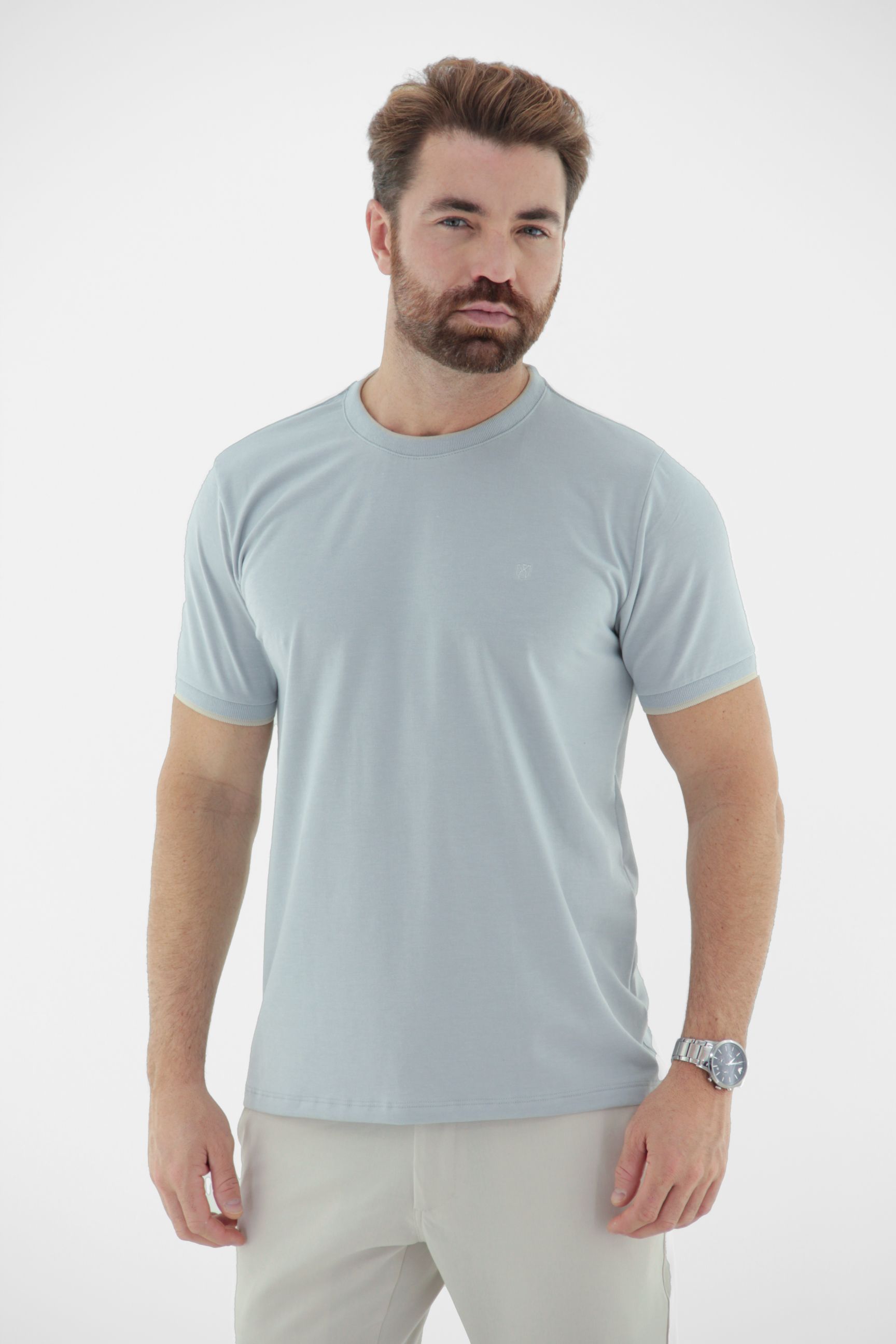 Fotografia de Camiseta T-Shirt Masculina com Gola e Punho em Retilínea Linha Blend