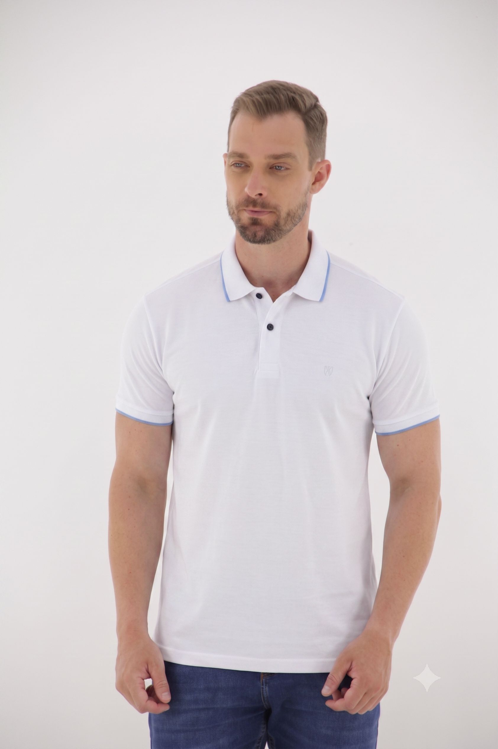 Fotografia de Polo Masculina Meia Malha com Elastano e Filete no Peitilho