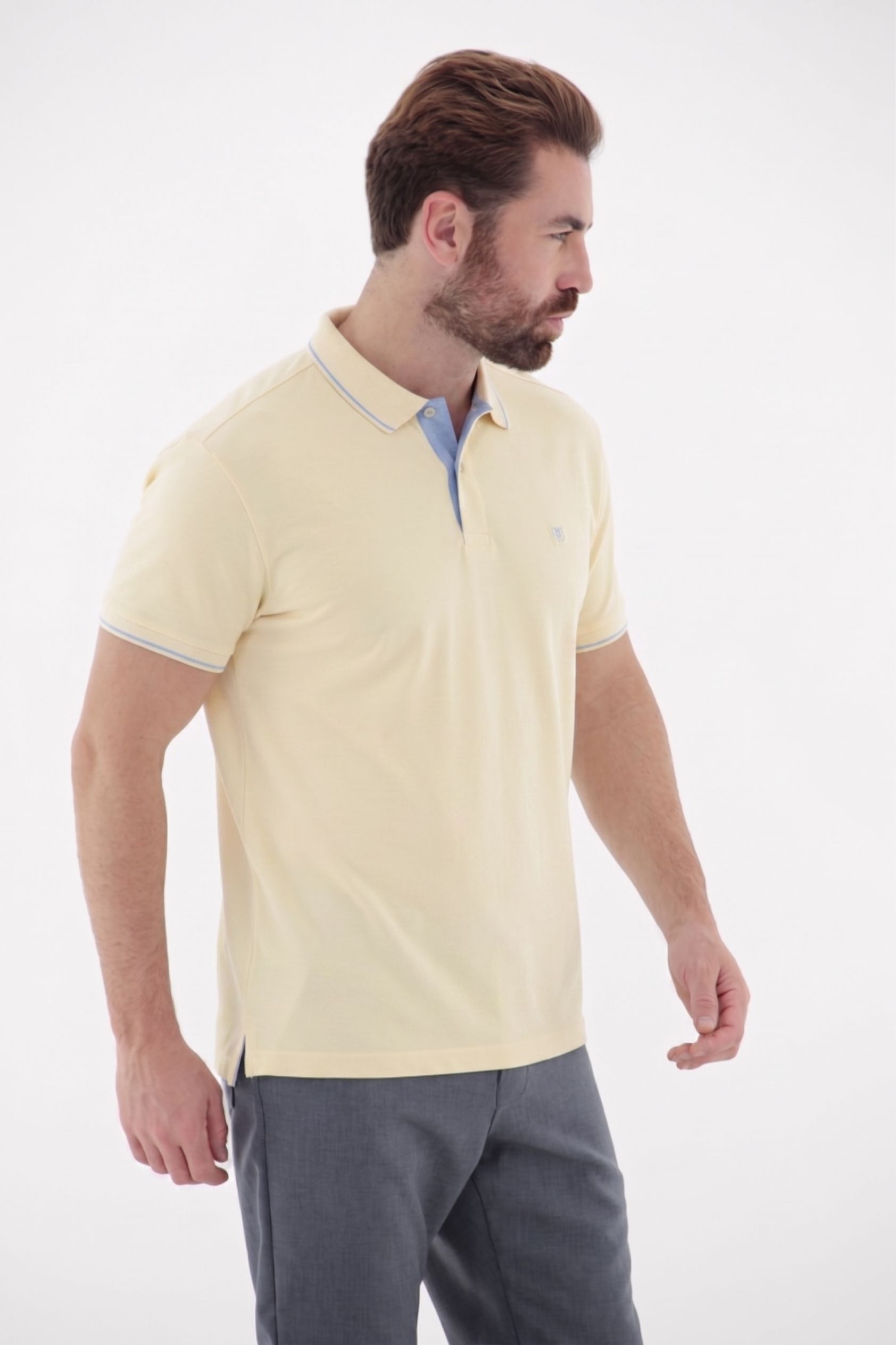 Vista lateral 6 do produto Polo Masculina Meia Malha com Elastano e Filete no Peitilho
